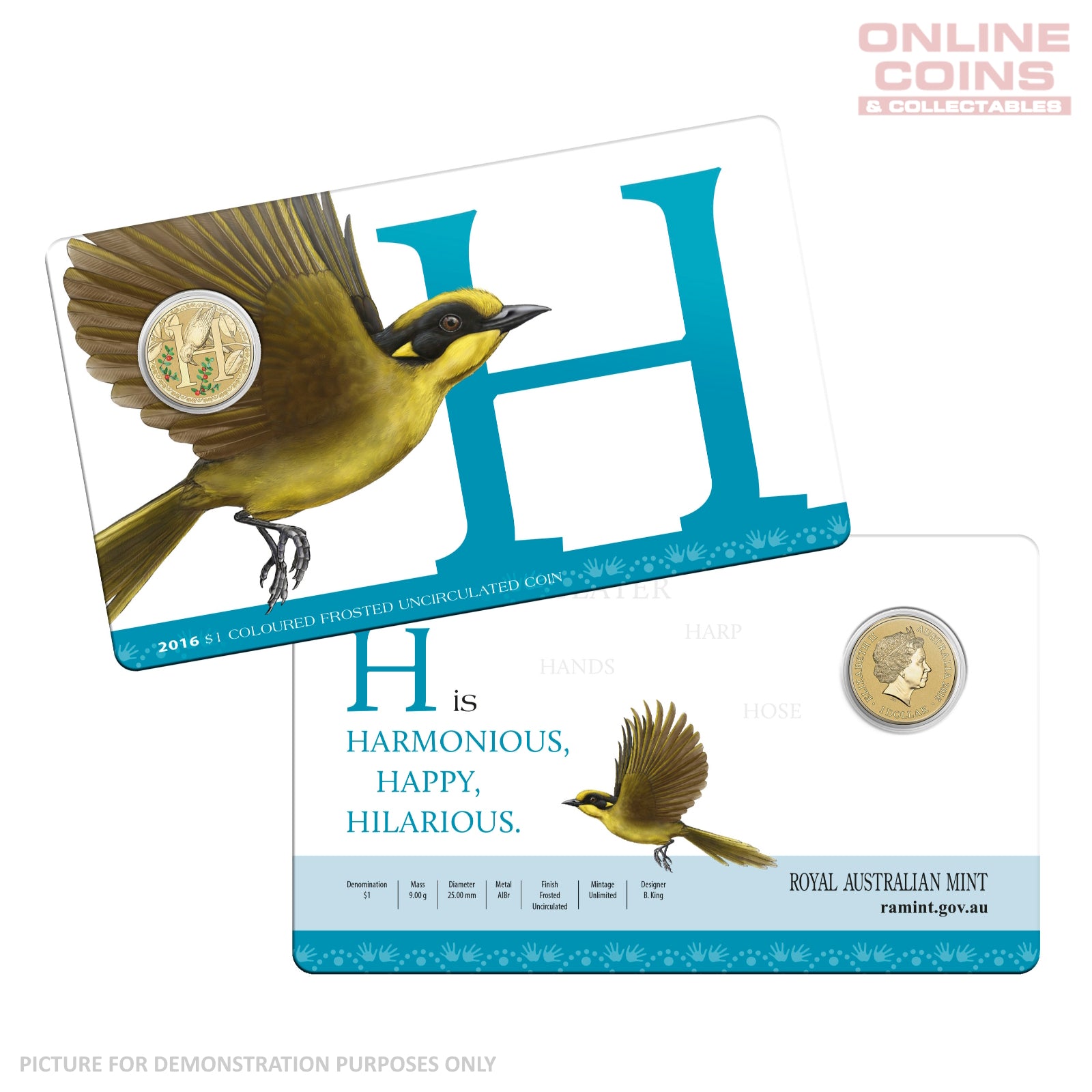 2016 $1 Coloured Alphabet Frosted Coin In Card - H For Honeyeater